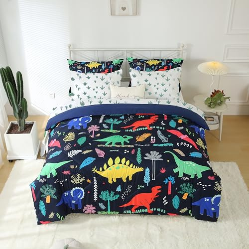 Jameswish Dinosaur Comforter Set Twin for Kids Boys Teens 7 Piece Bed in a Bag Cartoon Colorful Dino 3D Print Bedding Set with Sheet