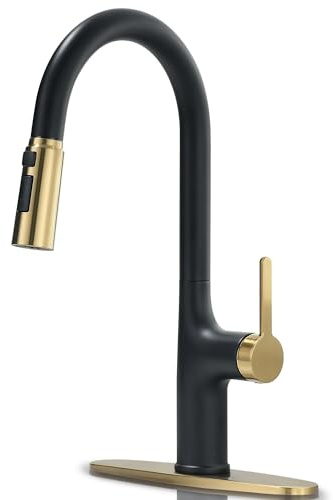 FROPO Kitchen Faucets, Black and Gold Kitchen Faucet with Pull Down Sprayer, High Arc Stainless Steel Kitchen Sink Faucet, Modern Brass Kitchen Faucet 1 or 3 Hole, Brushed Gold/Matte Black
