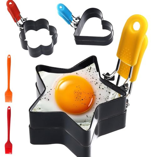 Set di 6 stampi per uova al piatto con manico, pennello per olio in silicone, rivestimento antiaderente, riutilizzabile, anello in acciaio inossidabile, cottura stampo per pancake, frittelle