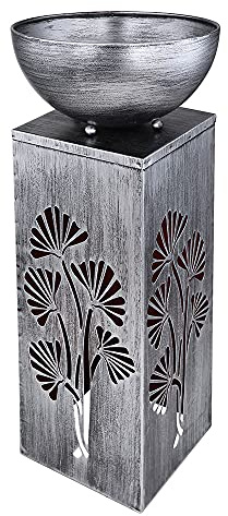 Solarlampe silber Dekosäule antik Retro Pflanzschale, Gartendeko Blumen Beleuchtung Außenlampe, Metall, 1x LED 3000K warmweiß, LxBxH 25x25x59 cm
