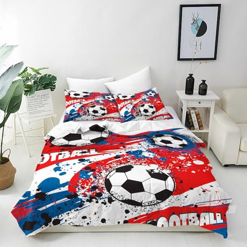 ANHOPE Football Duvet Cover Set, Single Size, 2 Pillowcases | Soft Microfibre Fabric, Abstract Sports Theme Soccer Print, Zipper Closure, Kids Boys Girls Bedding Quilt Cover Set