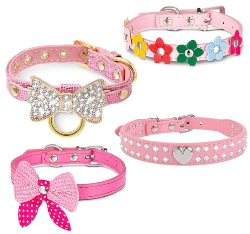 HALFSUMO 4 Stück Hundehalsband Strass Hund Katzenhalsband Bling Diamant mit Strass Schleife Blumen Dekoration für Mädchen Hunde Katzen Rosa XS