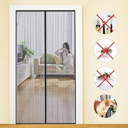 MYCARBON Moustiquaire Baie Vitrée Coulissante 180x210cm Moustiquaire Aimantée Porte Maillage Ultra Fin Fermeture Magnétique Rideau Anti Mouche Porte Fenêtre Coulissante Balcon avec Ruban Adhésif, Noir