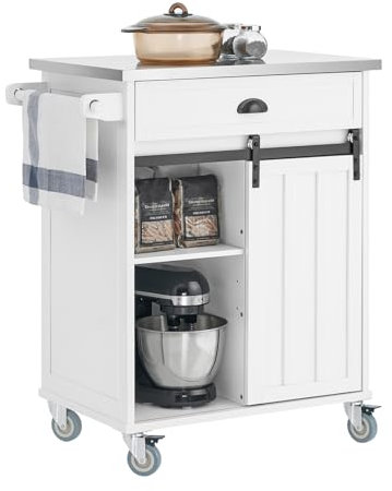 SoBuy Küchenwagen mit Arbeitsplatte Servierwagen mit Rollen Rollwagen Küche Kücheninsel Küchenschrank Für Küche, Wohnzimmer, Esszimmer Weiß BHT ca. 69x92x46cm FKW121-W