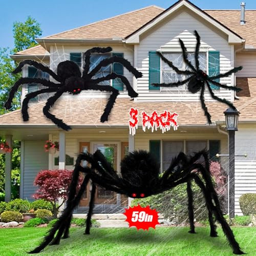 3 Pack Halloween Giant Spider Decorations, Realistic Large Spider Outside Fake Scary Hairy Spiders Sets for Indoor and Outdoor Decorations Haunted House Props Yard Party Garden Decor (59, 49, 35)