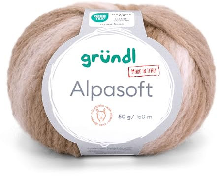 Gründl Wolle Alpasoft, Alpakawolle mit Farbverlauf, Häkelwolle, Strickgarn, 63% Alpaka 37% Polyamid, 50g/150 m, Nadelstärke 6-7 mm (01 beige natur)
