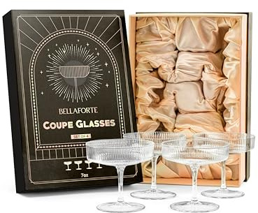 BELLAFORTE Champagne Coupe Glasses, Espresso Martini Glasses | Set of 4 | 7 oz Classic Cocktail Glasses, Fluted Glassware Crystal with Stem for Manhattan, Cosmopolitan in Premium Gift Box