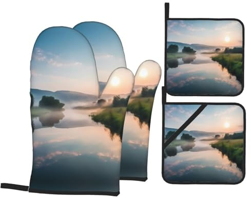 WZYWHJ Oven Mitts and Pot Holders Four-Piece Sets Oven Mitts Oven Gloves Pot Holders and Oven Mitts for Kitchen Baking Cooking Grilling Streams Printed