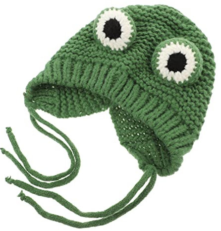 SAFIGLE Knitted Winter Hat Grün Gefütterte Mütze Für Kalte Monate Weiche Dehnbare Strickmütze Mit Niedlichem Frosch-Design Für Drinnen Und Draußen