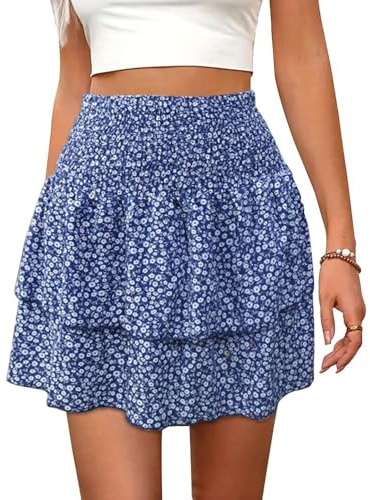 QKEPCY Faldas Mujer Verano Cortas con Volantes Florales De Verano De Cintura Alta Lindas Minifalda Básica Multifuncional Casual Chic de Noche Playa Vacaciones Falda（XL）