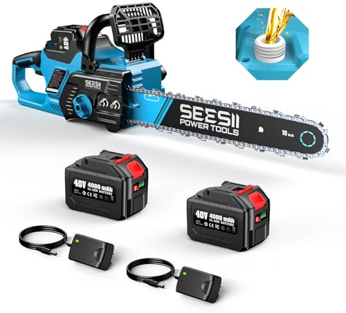 SEESII 40V 16-Inch Cordless Chainsaw: Brushless Electric Chain Saws with 2×4.0Ah Batteries & Charger, Tool-Free Chain Tension, Auto Oiling, for Tree Trimming, Wood Cutting, Yard Work