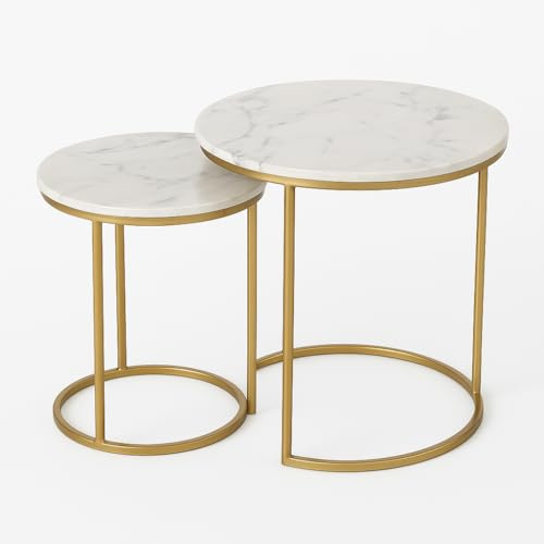 Generico DOMUSTREND Set 2 Tavolini da Salotto Rotondi, Piano Effetto Marmo Bianco e Base Oro, 44x44x40 cm e 34x34x35 cm, Stile Moderno Scandinavo