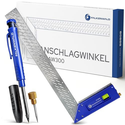 Falkenwald Anschlagwinkel 300mm + Tieflochmarker + Anreißnadel – Exakter Schreinerwinkel mit Wasserwaage – Präziser Schlosserwinkel 90°/45° für Holz- & Metallarbeiten - Hochpräzise & Rostfrei