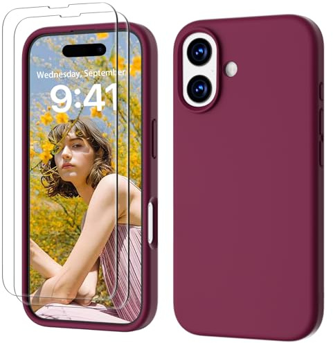 GOODVISH 3 in 1 für iPhone 17 Hülle mit 2 Stück Schutzfolie, Weinrot | Liquid Silikon Handyhülle Kameraschutz, Soft Mikrofaserfutter Kratzfest Stoßfeste Schutz Case für iPhone 17 6.3