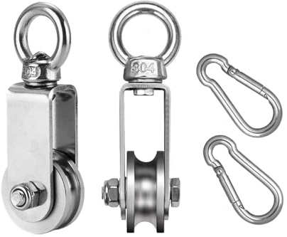 34mm Edelstahl-Umlenkrolle mit M6 Federkarabiner 250kg belastbar für Seile & Stahlseil Professionelle Snatch Block mit Doppelkugellager für Bauwesen Industrie Fitness Outdoor (2er Pack)