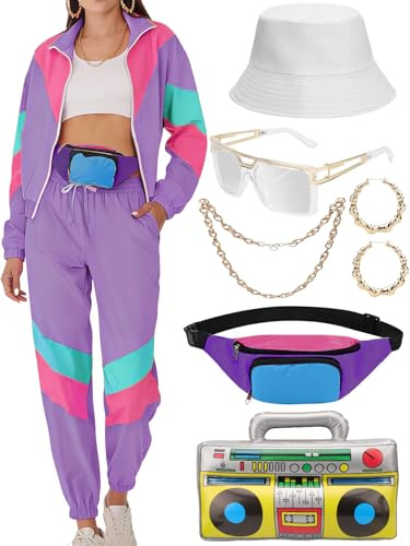 VillbeCoser 80er 90er Jahre Outfit Damen, Trainingsanzug Jogginganzug mit Gürteltasche Aufblasbarer Ghettoblaster Hut Gläser Halskette Ohrringe, Disco Karneval Fasching Mottoparty Kostüm Bad Taste