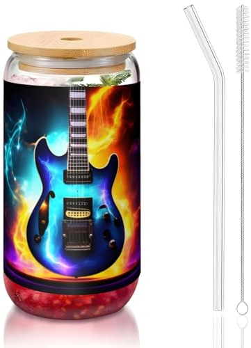 JIUTY Vasos mágicos con impresión de guitarra eléctrica con tapas y popote de vidrio, 1 taza de vidrio de 16 onzas, vasos de café y cerveza