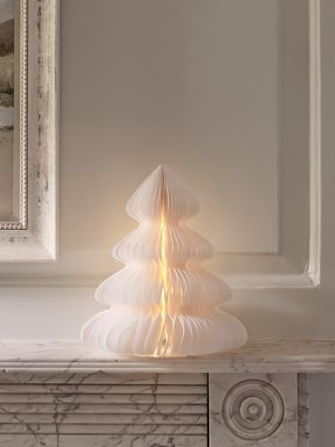 Lights4fun Origami-inspirierter Weihnachtsbaum | aus weißem Papier | beleuchtet mit 20 warmweißen LEDs | batteriebetrieben & mit Timer | Weihnachten Deko Innen Fenster | Cremefarben
