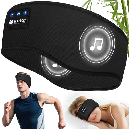 LOVE EYE Sleep Headphones, Organic Bamboo Cotton Headband Headphones for Sport and Sleeping, Wireless Music Earphones Tech Gifts for Men Women Teens Yoga Workout Fitness Relax Travel (Black)