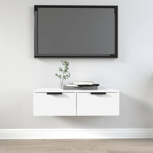 Meuble TV mural flottant élégant avec tiroirs, console multimédia moderne pour salon et chambre à coucher, centre de divertissement en bois d'ingénierie, 68 x 30 x 20 cm, finition blanche