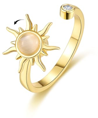 Fidget Rings for Anxiety Women Men - Anxiety Ring Relief Stress Open Size with Sun Charm for Teens Girls | Calms Reliever Spinner Stress Relief Gifts for Daughter Friends Birthday Christmas, Gold