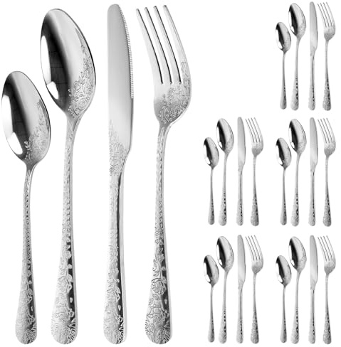 24 Pieces Retro Rose Carved Silverware Set for 6 People, Stainless Steel Cutlery Set, Mirror Polished Fork Spoon Knife Kit with Delicate Floral Design for Restaurant Home Kitchen Use(Silver)
