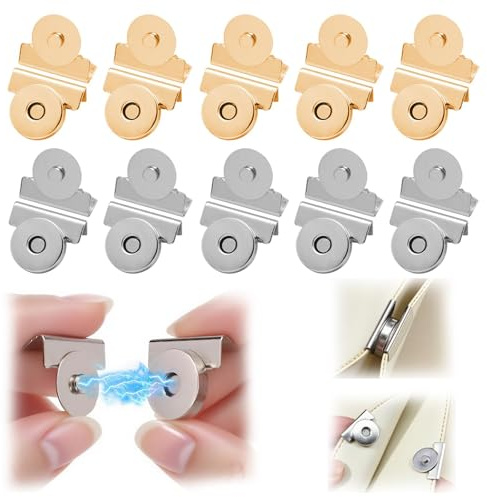 OuryTech Magnet Buttons, 10 Pairs of Magnetic Snaps for Bags Totes, No-Sew Metal Press Studs Fasteners for Bags, Clothing DIY Crafts, Gold and Silver