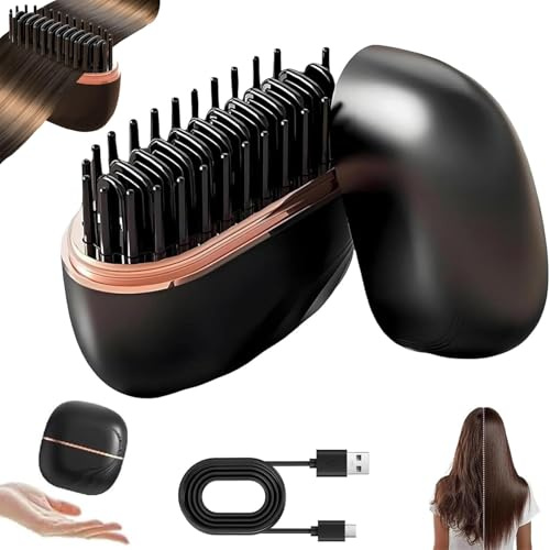 Mini Hair Straightener, 2-in-1 Cordless Hair Straightener Brush,Rechargeable 30s Fast Heating Hot Comb,USB Portable Heated Styling Brush for Travel & Daily Use,3-Speed Temperature Control (Black)