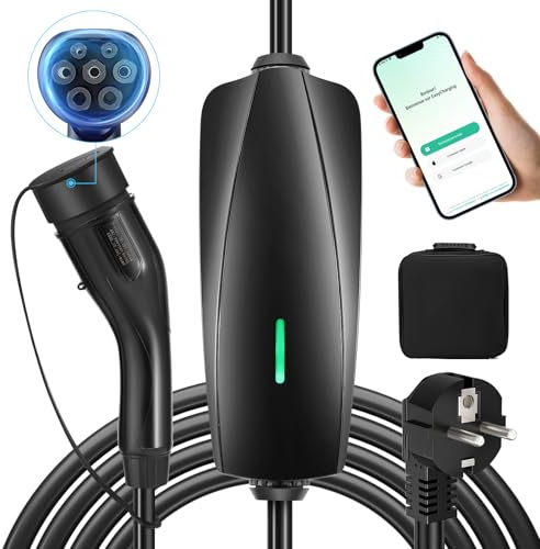 Evjuicion - Cargador de coche eléctrico (6-16 A, 3,68 kW, 0-12 H) EV, cargador tipo 2, los datos de recarga se pueden exportar, portabilidad cable de carga para coche eléctrico con bolsa