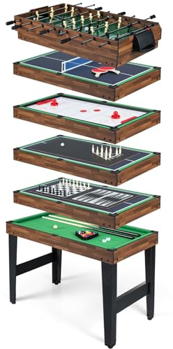 HOMASIS 10 in 1 Spieltisch, Multi Tischspiel Set mit Tischfußball, Hockey, Bowling, Tischtennis, Billard, Shuffleboard, Dame Poker Schach Backgammon, Multifunktionstisch für Kinder, Erwachsene (Brown)