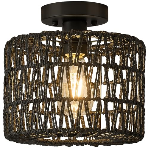 Qamra Rattan Deckenlampe, Boho Deckenleuchte Schwarz, E27, Ø25cm | Vintage Lampe mit Keramikfassung, für Schlafzimmer, Wohnzimmer, Esszimmer, Küche, Flur