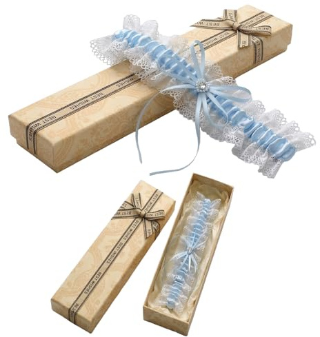 RhiVrillion Liga de Novia Azul con Encaje Elástico Suave y Lazo Delicado, Accesorio Nupcial Talla Única 36cm, Para Bodas y Despedidas de Soltera, Regalo Ideal de Boda