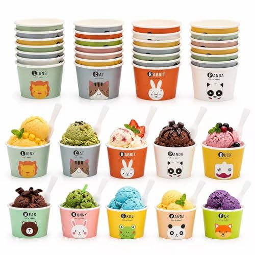 Fancysky Papier-Eisbecher mit Löffel (165-180 ml) – 10 verschiedene Tiermotive – Kleine bunte Eisschalen für Kinder, Geburtstag, Party, Einweg – Ideal für Eiscreme, Dessert & Snacks