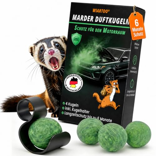 WIARTOO® Marderschreck Auto – 4 x Marderabwehr Duftkugeln – 6 Monate Schutz | Vertreibt Marder aus Motorraum, Dachboden & Garage ohne Strom & ohne Chemie - tierfreundlich | 4 Duftkugeln + Kugelhalter
