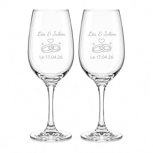Verres à Vin Personnalisés Lot de 2 – Gravure Prénoms et Date – Duo Élégant 315 ml – Idée Cadeau Mariage, Couple, Anniversaire