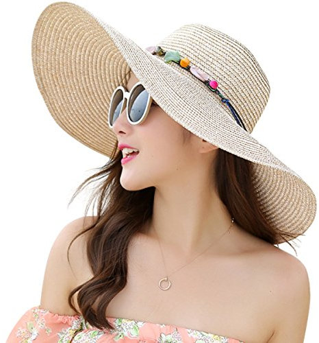 JOYEBUY Damen Schlapphut mit großer Krempe, Schleife, Strohhut, faltbar, aufrollbar, Stil B-khaki, Einheitsgröße