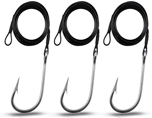 Shark Hook Fishing Rigs, 3pcs Stainless Steel Tuna Hooks 400lb Nylon Coated Cable Leader Rig Hand-tied Crimped Deep Sea Saltwater Fishing Rigs for Shark Tuna Toothy (12/0-3 Packs)