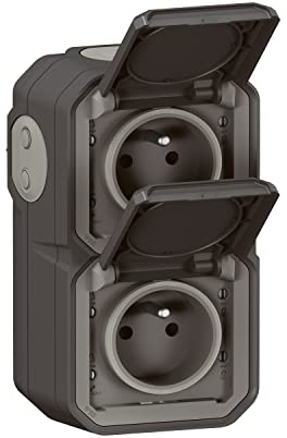 LEGRAND Wasserdichte Doppelsteckdose IP55 mit Erde Plexo – Steckdose 2P + T 16 A komplett mit Klappe – für Aufputzmontage – vertikale Montage – hergestellt in Frankreich – Anthrazit