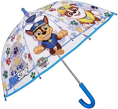 Nickelodeon Transparent Paw Patrol Umbrella for Children Blue Stick Umbrella for Boys - Marshall Chase and Rubble Print - Windproof Dome Brolly with Safety Opening 65CM