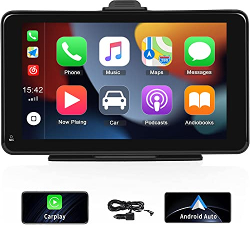 Camecho 7 Inch Screen Apple Carplay Android Auto Smart Player with Aux AV IN TF Card Type C connector Support DVR, Bluetooth, FM Transmitter, GPS