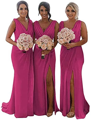 KURFACE Vestido largo de dama de honor con cuello en V doble para dama de honor, vestido de gasa formal de noche para mujer, fucsia, 52 Más
