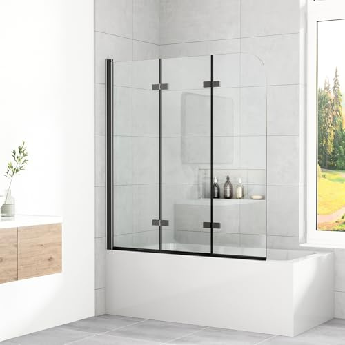 Duschwand für Badewanne Schwarz 130x140 cm 3-teilig faltbar Duschtrennwand Duschabtrennung Badewannenaufsatz mit 6mm ESG Sicherheitsglas