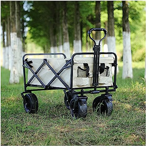 Bollerwagen Faltbar 80L,Garten Handwagen Faltbar Breite Reifen Transportwagen Mit Seitentasche Getränkehalter Verstellbarem Griff,Bis 55 Kg Tragkraft,Beige,6.5 Wheels