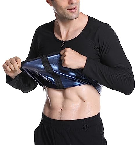 Traje de Sauna Hombres Entrenamiento Gimnasio Trajes de Sudoración Deportiva Camiseta Reductora Adelgazante Hombre Compresión Sauna Camisa de Manga Larga con Cremallera para Deporte Fitness Running A