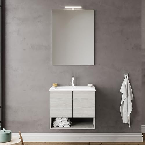 Inbagno Mobile Bagno sospeso 60 cm Rovere Grigio con 2 Ante e vano a Giorno, lavabo in Ceramica, Specchio LED 60x80 cm, Oslo