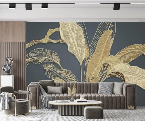 Kalodity 3D Soie Papier Peint Panoramique Jungle Plantes Tropicale, 300 X 210 cm Noir et Or Feuille de Bananier Grandes Murales Tapisserie pour Salon, Adulte Chambre d'enfants, Étude Décoration