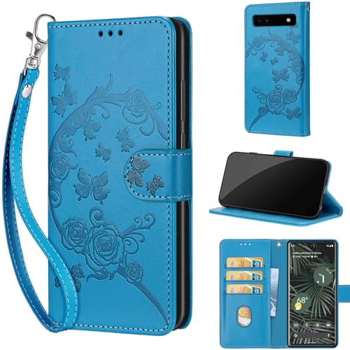 Handyhülle für Google Pixel 6A Hülle, Schmetterling Blau | Stoßfeste Flip Schutzhülle, Kartenfächer, Standfunktion,Magnetisch, Kunstleder, Klappbar Brieftasche