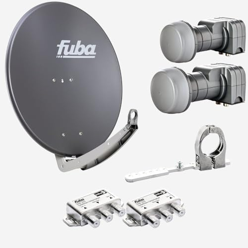 Fuba Sat Anlage 2 Teilnehmer - 2 Satelliten (z.B. Astra/Hotbird) | DAA 780 A Satellitenschüssel 80cm Alu anthrazit (Testergebnis: ausgezeichnet)* + 2X Twin LNB + Multifeedschiene + 2X DiSEqC-Schalter