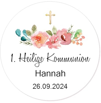 50x STICKER Erstkommunion PERSONALISIERT 1. Heilige Kommunion Aufkleber zur Kommunion Taufe Konfirmation Geburtstag Gastgeschenke Tüten Etiketten - Taube Kreuz und Blume - Rd 652 (006)