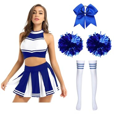 Alvivi Cheer Leader Kostüm Damen Cheerleading Uniform 5tlg.Crop Tops + Rock + Socken Pompoms Haarband Halloween Karneval Fasching Kostüm Blau M